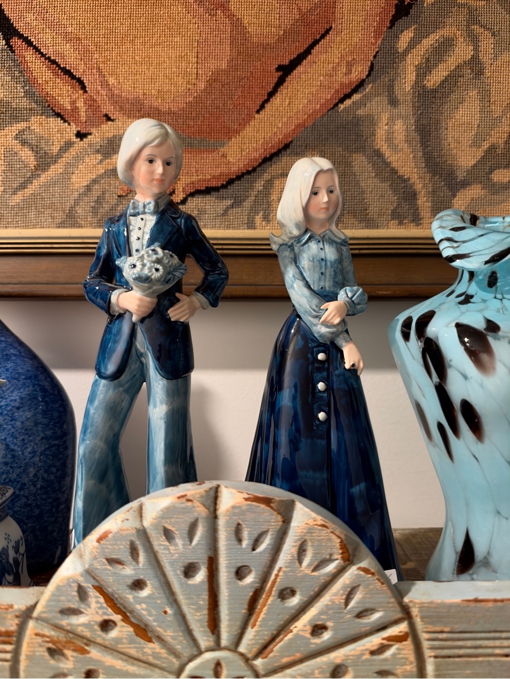 Porcelain Boy and Girl Figurine Set in Blue - Unbranded
